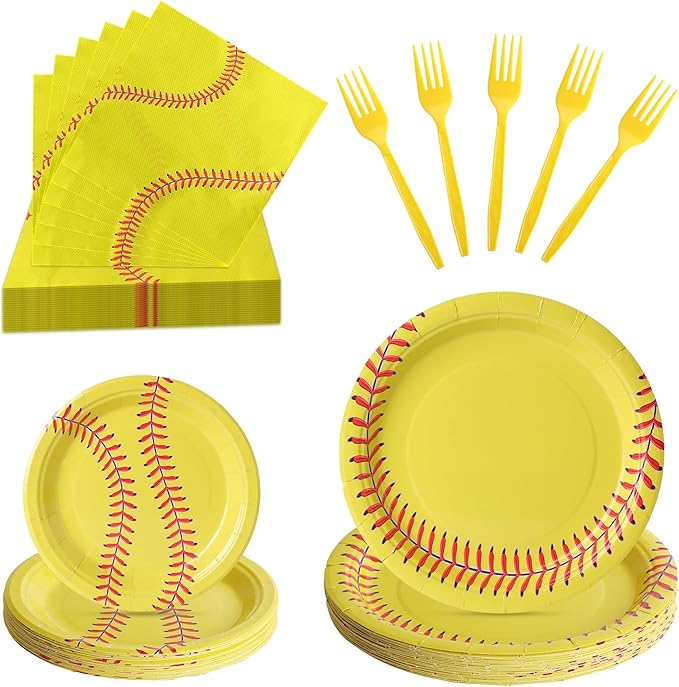 100 Pcs Softball Party Supplies for 25 Guests, Heavy-Duty 7" & 9" Paper Plates, 2-Ply 13" Napkins & Plastic Forks, Disposable Softball Themed Tableware Set for Game Day and Birthday