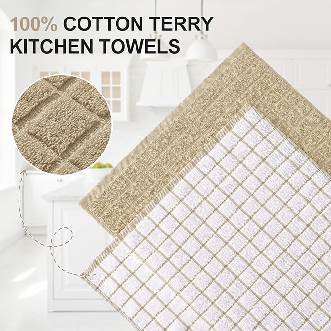 Homaxy Premium Cotton Kitchen Towels 16"x 28", Large Natural Ring Spun 390 GSM Dish Towels, Super Absorbent Terry Kitchen Hand Towels, Soft Tea Towels with Hanging Loop, Tan Check Design, 4 Pack