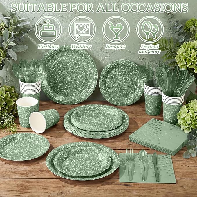 Hushee 175 Pcs Sage Green Holographic Print Party Supplies Guests Disposable Dinnerware Set Include Paper Plates, Napkins, Cups, Plastic Cutlery for Wedding Birthday Disco Bachelorette
