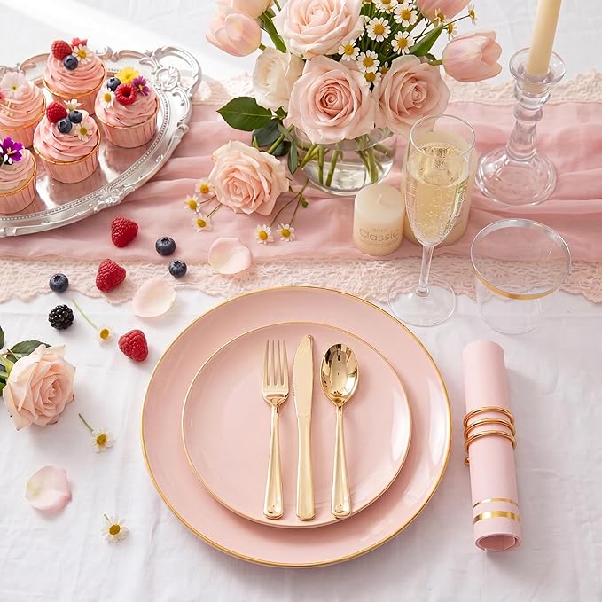NOCCUR 350PCS Pink Plates Disposable - Pink Gold Plastic Dinnerware Set for 50 Guests Include 100 Dinner/Dessert Plates,150 Cutlery,50 Cups&50 Napkins - Ideal for Party/Wedding/Mother's Day