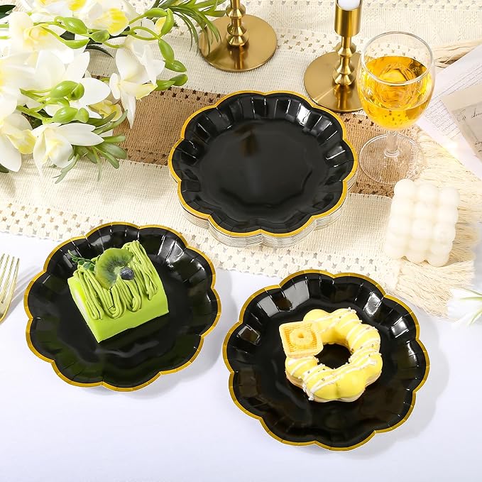 AimFun 48 Pcs Graduation Black and Gold Scalloped Paper Plates 7 Inch Disposable Dessert Plates with Gold Foil Elegant Cake Plate for Wedding Birthday Baby Shower Party Supplies