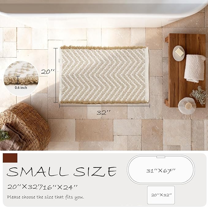 DWCN Waffle Bathroom Mat, Boho Bath Rugs Super Absorbent Non Slip Bath Mats for Bathroom Floor, Ultra Soft Farmhouse Shower Mats for Tub and Shower, 20 x 32 Inch, Brown & Beige