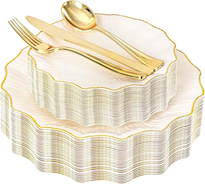 U-QE 150PCS Ivory and Gold Plastic Plates with Gold Disposable Silverware for 30 Guests, Vintage Ivory Plastic Plates Include 30 Dinner Plate,30 Dessert Plate,90 Cutlery for Bridal Shower, Party