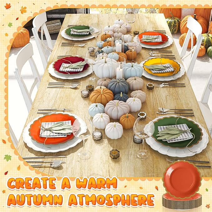 48 Pcs Fall Paper Plates 7 Inch Thanksgiving Dessert Scalloped Edge Disposable Gradient Color Dinner Plates for Fall Wedding Birthday Baby Shower Party Supply