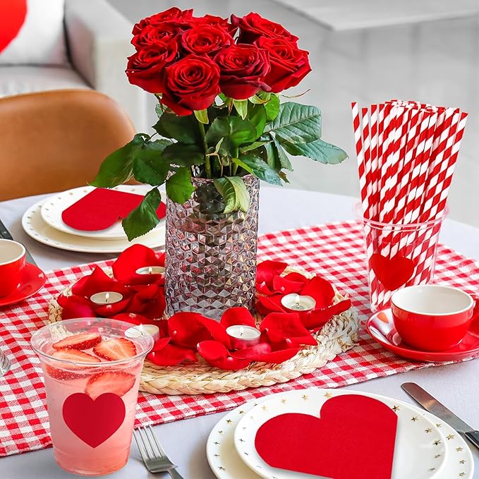 FYSUIMU Valentine' s Day Tableware Set Red Heart Shaped Paper Napkins 12Oz Disposable Plastic Cups with Lids and Straws for 50 Guests Wedding Anniversary Party Supplies Table Decor