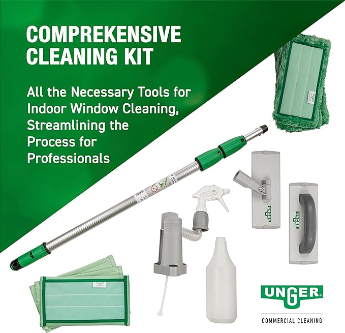 Unger Commercial SpeedClean Window Cleaning Kit, 11-Piece Set, 8-Inch Pad Holder with Microfiber Pads, 6-Foot Reach