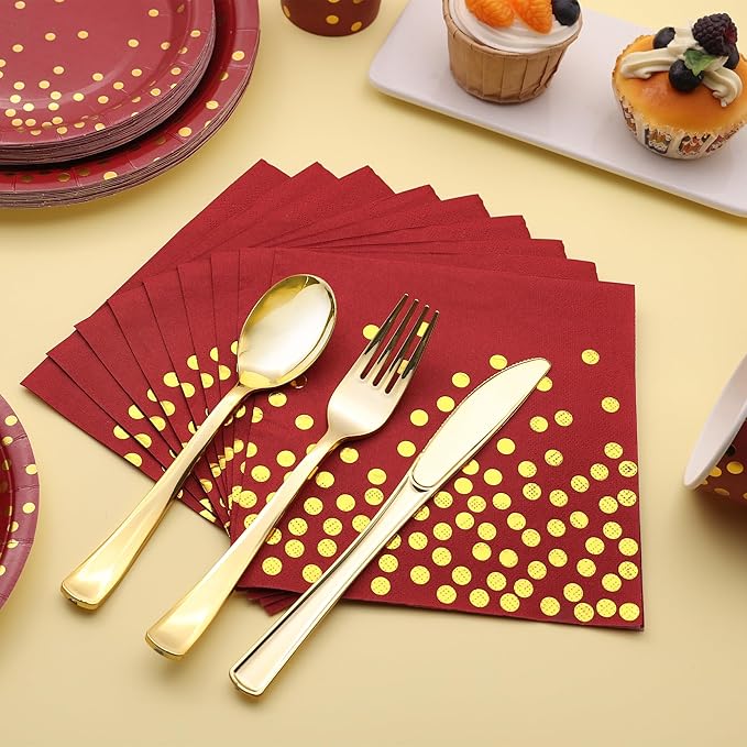 175 PCS Burgundy and Gold Party Supplies - Burgundy Plates and Napkins Sets Serve 25 Guests - Maroon and Gold Paper Plates for Birthday Wedding Graduation Holiday Party Decorations