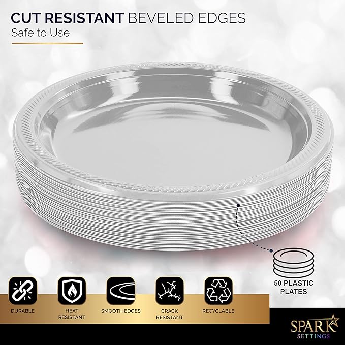 Amcrate Disposable Plastic Plates Silver, 10.4 Inches Plastic Dinner Plates, Strong and Sturdy Disposable Plates for Party, Dinner, Holiday, Picnic, or Travel Party Plates, Pack of 50