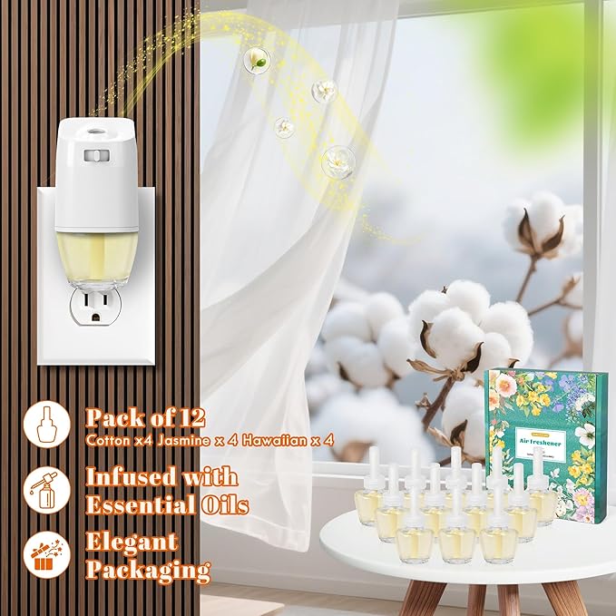 Plug In Air Freshener Refills for Home, Hawaiian, Jasmine & Cotton Scent for Bathrooms & Kitchen, 12 Count Plug Refill for Bathrooms, Office, Compatible with Air Wick & Glade, Not Include Glade Plus
