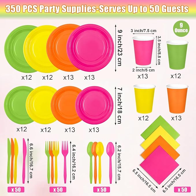 Kochorie 350 Pieces Neon Dinnerware Set, 7 & 9 inch Dessert Paper Plates Cups Napkins Plastic Cutlery Disposable Party Supplies for Neon Glow Party Birthday Baby Shower Wedding, Serve 50 Guests