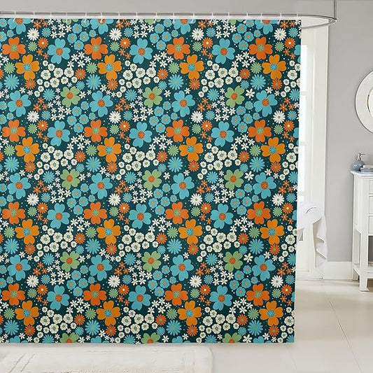 Retro Floral Fabric Shower Curtain 72" Wx84 L Vintage 70S 60S Groovy Bathroom Shower Curtain Sets Orange Blue Flowers Shower Curtain Boho Exotic Hippie Bathroom Accessories Aesthetic Home Decor