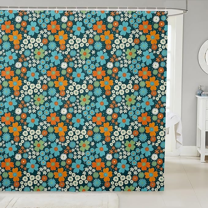 Retro Floral Fabric Shower Curtain 72" Wx78 L Vintage 70S 60S Groovy Bathroom Shower Curtain Sets Orange Blue Flowers Shower Curtain Boho Exotic Hippie Bathroom Accessories Aesthetic Home Decor