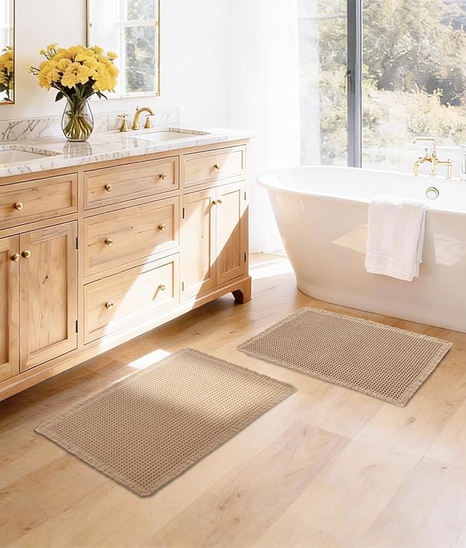 DWCN Waffle Bathroom Mat Set, Super Absorbent Non Slip Bath Rug Set for Bathroom Floor, Shower Mats 2 Pcs for Tub, Washable Kitchen Rugs for Farmhouse Boho Home Decor, 24 x 16 Inch, Brown