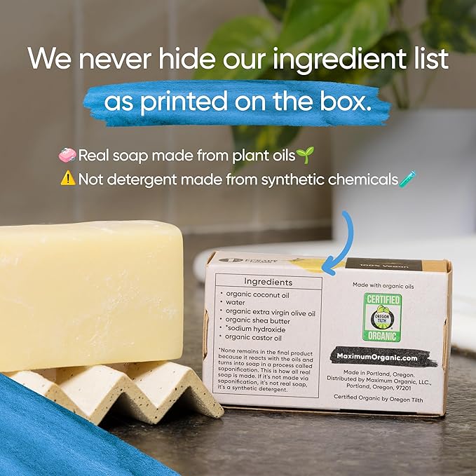 Dish Soap Bar - Certified Organic, Unscented Solid Dishwashing Soap Block - Palm Oil-Free, Vegan All Natural Soap Cleaner for Dishes made from Food-Grade Ingredients - (1)
