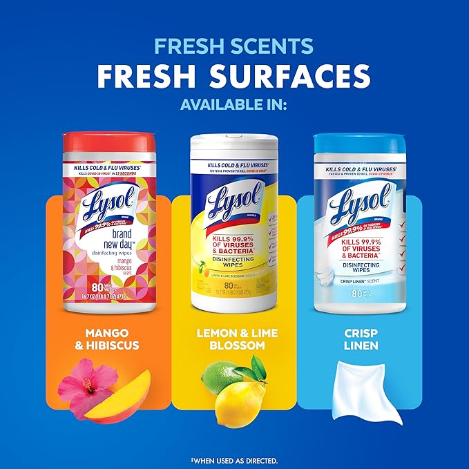 Lysol Disinfectant Wipes Multi-Surface Antibacterial Cleaning Wipes, Dorm Room Essentials For Disinfecting and Cleaning Lemon and Lime Blossom 80 Count (Pack of 2)