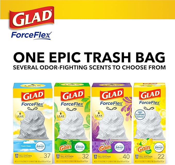 Glad ForceFlex Tall Kitchen Drawstring Trash Bags, 13 Gal, Pine-Sol Original, 40 Count (Pack of 2)