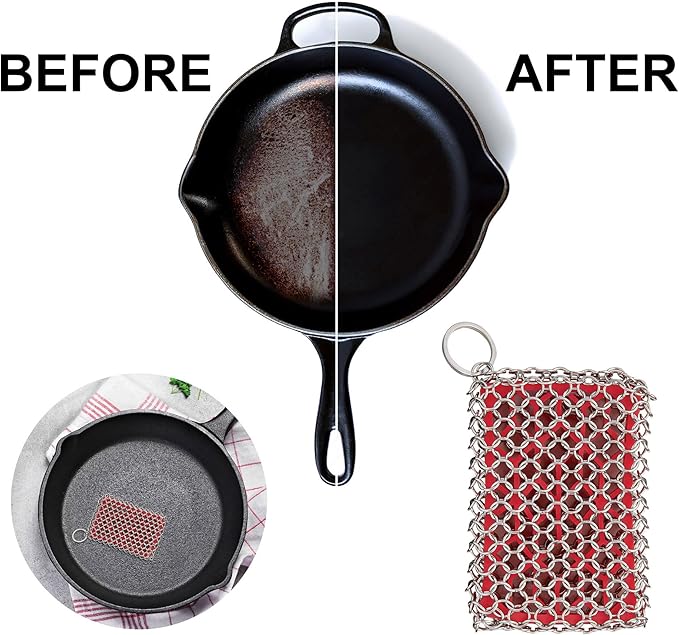 HIC Kitchen Chainmail Cast Iron Scrubber, 18/8 Stainless Steel and Silicone
