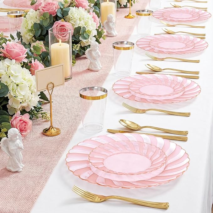 YOUBET 125Pieces Clear Pink Plastic Plates with Gold Rim - Gold Plastic Silverware Include 25 Dinner Plates 25 Dessert Plates 75 Golden Silverwares for Wedding Birthday & Parties Easter Mothers Day