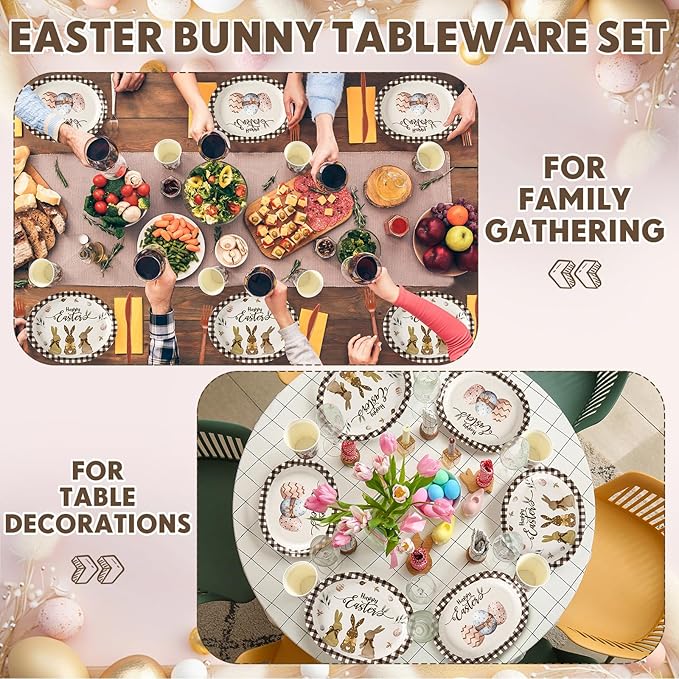 Havawish 350 Pcs Easter Bunny Party Supplies Happy Easter Disposable Tableware Set Rustic Buffalo Plaids Eggs Bunny Oval Paper Plates Cups Napkins Fork Knife Spoon for Spring Party Dinner Table Decor