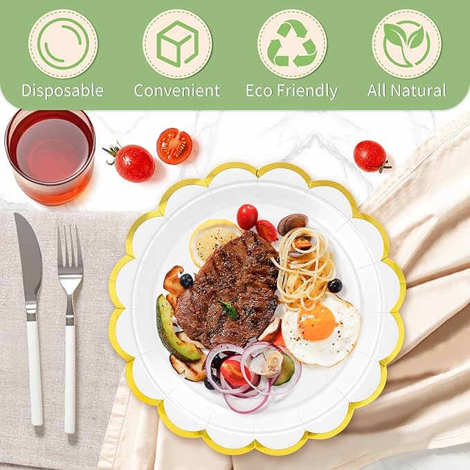 50 Pcs White Paper Plates, 25 Pcs 9" and 25 Pcs 7" Disposable White Scalloped Plates with Gold Foil for Graduation Wedding Baby Shower Birthday Party Picnic BBQ