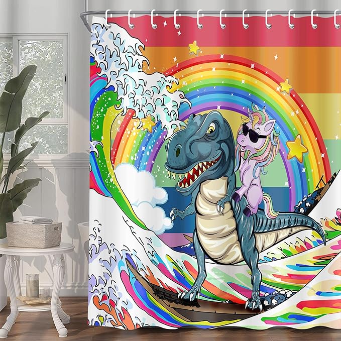 Funny Unicorn Riding Dinosaur Shower Curtain for Kids , Homosexuality LGBT Bathroom Curtain, Rainbow Pride Japanese Asian Anime Ocean Wave Fabric Restroom Decor Accessories with Hooks 47X64 Inch