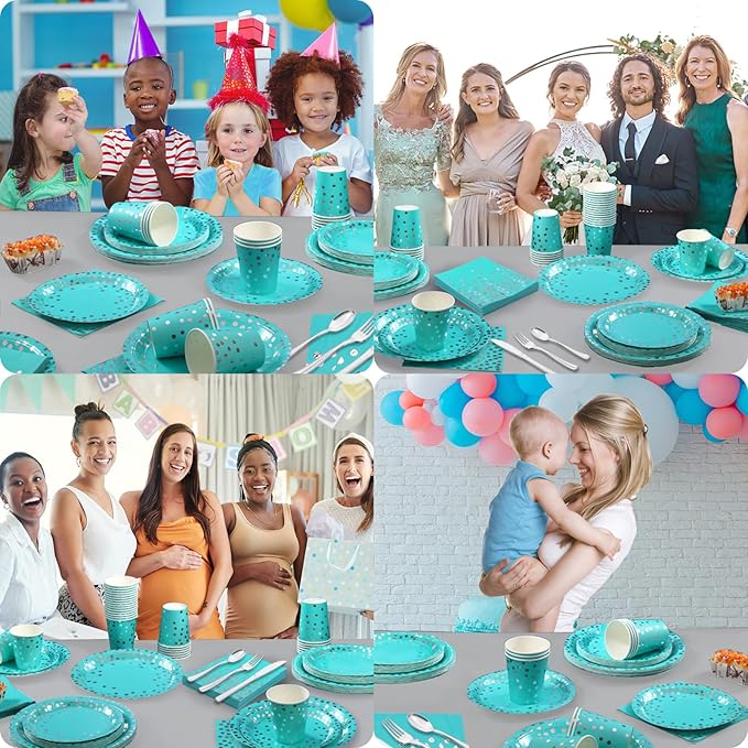 350PCS Teal Birthday Decorations and Silver Party Decorations for Wedding Princess,Teal Plates with Silverr Dot and Silverr Plastic Cutlery Serve 50 Guests
