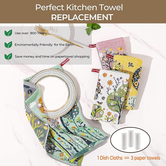 Cotton Kitchen Towels Set of 4, 4-Layer Gauze Quick Dry Decorative Dish Towels for Kitchen Drying, Absorbent Weave Cleaning Tea Towels with Hanging Loop, Exquisite Design for Gift,16" x 15"