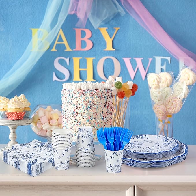 Kochorie 144 Pieces Blue Floral Paper Plates and Napkins Party Supplies, Blue and White Flower Tableware Set Include Vintage Scalloped Plates Napkins Cups Forks for Wedding Birthday Tea Party