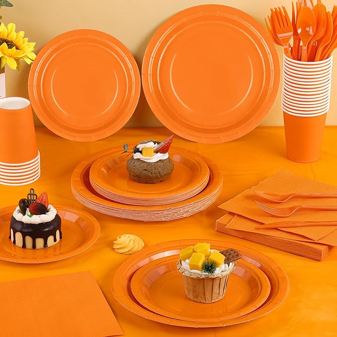 Kochorie 169 Pieces Orange Party Supplies Disposable Dinnerware Set Include Plates and Cups Napkins Plastic Forks Knives Spoons Tablecloth for Wedding Birthday Party Decorations, Serve 24 Guests