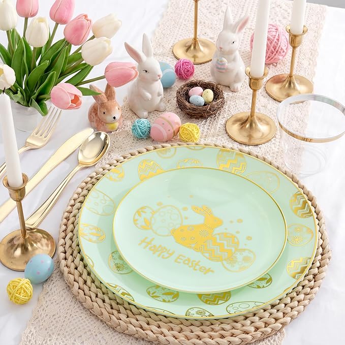 Festiva 175Pcs Easter Plates and Napkins Disposable - Green and Gold Plastic Dinnerware Set for 50 guests include 50 Plates 25Cups 25Plastic Silverware 25Napkins Perfect for Easter Party