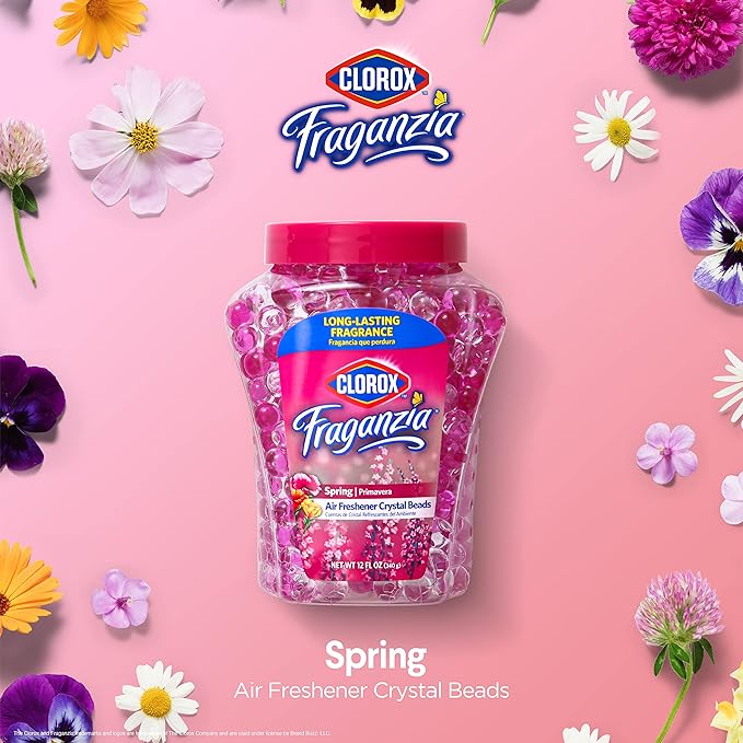 Clorox Fraganzia Crystal Beads Air Freshener, Long Lasting Room Deodorizer and Odor Eliminator Gel Beads to Freshen Home, Car, or Office, Spring Scent, 12 Fl Oz