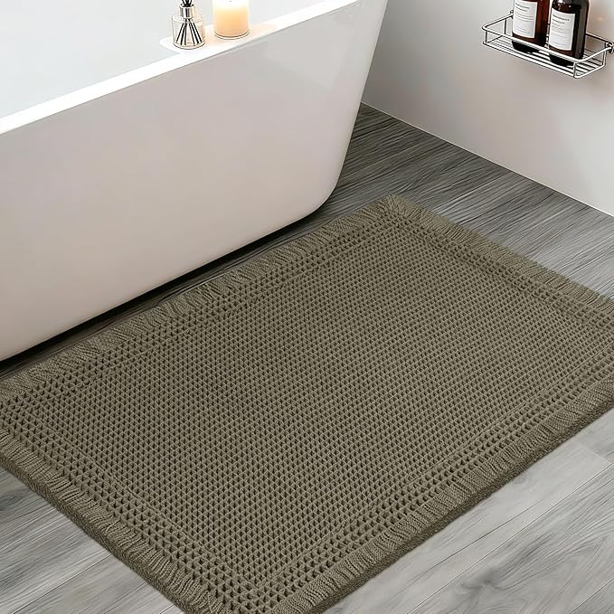 Upgraded Waffle Bath Mat, 32"x20" Greyish Green-Bordered, Super Absorbent Non-Slip Quick Dry Bathroom Rugs with Tassels, Machine Washable Ultra Soft Boho Bath Rugs, Toilet Mats Boho Farmhouse Decor