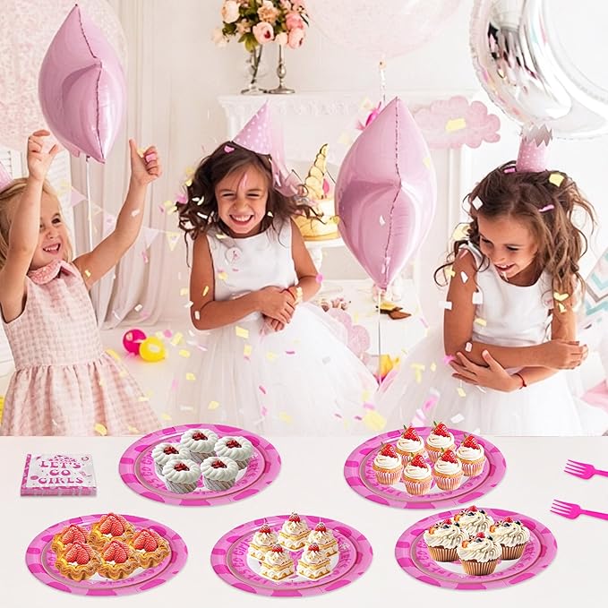 100 Pcs Let's Go Girls Party Supplies for 25 Guests, Heavy-Duty 7" & 9" Paper Plates, 2-Ply 13" Napkins & Plastic Forks, Disposable Disco Cowgirl Tableware Set for Birthday Party