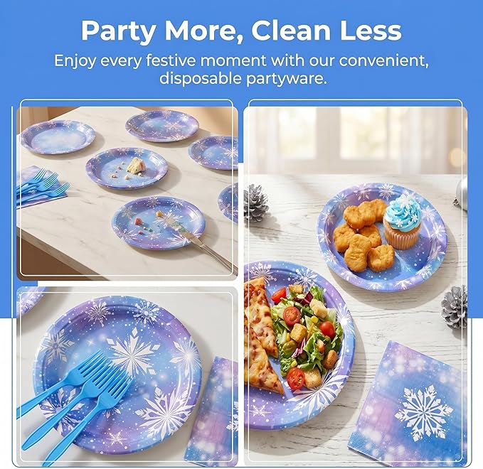 100 Pcs Frozen Party Supplies for 25 Guests, Heavy-Duty 7" & 9" Paper Plates, 2-Ply 13" Napkins & Plastic Forks, Disposable Winter Snowflake Tableware Set for Christmas Holiday Party