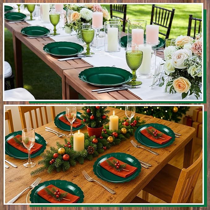 NatNarr 30 Pcs Dark Green Plates 9 Inch Scalloped Green Paper Plates Disposable Dessert Dinner Plate for Wedding, Master Party, Bridal Baby Shower