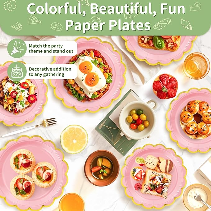 50 Pcs Light Pink Paper Plates, 25 Pcs 9" and 25 Pcs 7" Disposable Pink Scalloped Plates with Gold Foil for Graduation Wedding Baby Shower Birthday Party Picnic BBQ Valentines Day