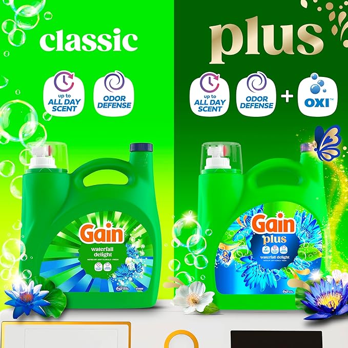 Gain Plus Liquid Laundry Detergent, Cleaner, Fresher, Now with Oxi, Waterfall Delight Scent, 170 fl oz, 129 Loads