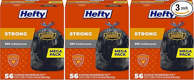 Hefty Strong 30 Gallon Trash Bags, Large Trash Bags 30 Gallon Size, Durable Drawstring Enclosure, Resists Punctures, Leaks, and Tears, Black, Unscented, 56 Bags (Pack of 3)