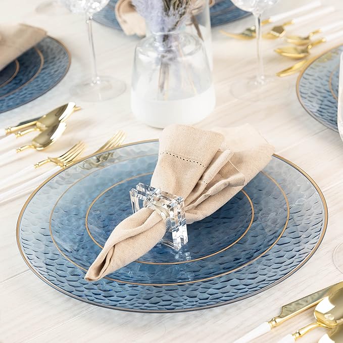 PLASTICPRO 30 Pack Hammered Plastic Plates Heavyweight Disposable Plastic Plates Elegant Clear Hammered Rim Platsic Party Dishes (Blue With Gold Rim, 9'' INCH PLATES)