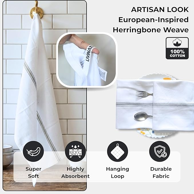 Bulk Kitchen Towels Cotton for Chefs in Commercial Restaurants - 15"X25" - 6 Pack - White Linen Tea Dish Towels - Lint Free Soft Absorbent Center Gray Striped Herringbone Weave Towles