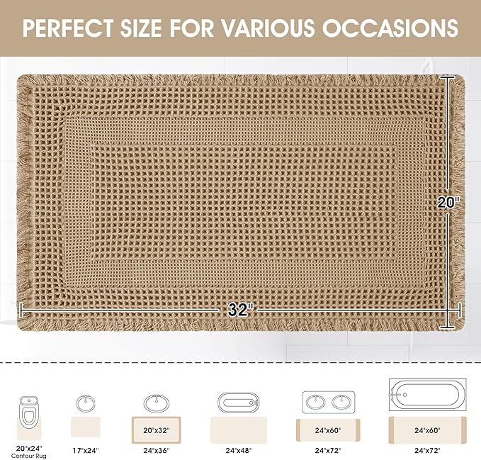 Upgraded Waffle Bath Mat, 32"x20" Beige-Looped, Super Absorbent Non-Slip Quick Dry Bathroom Rugs with Tassels, Machine Washable Ultra Soft Boho Bath Rugs for Floor, Toilet Mats Boho Farmhouse Decor