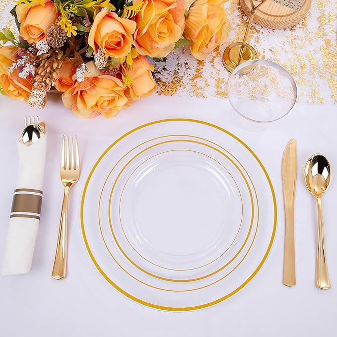 WELLIFE 350PCS Clear-Gold Plastic Plates - 100 Disposable Plates, 150Plastic Silverware, 50 Cups, 50 Napkins for Wedding & Party
