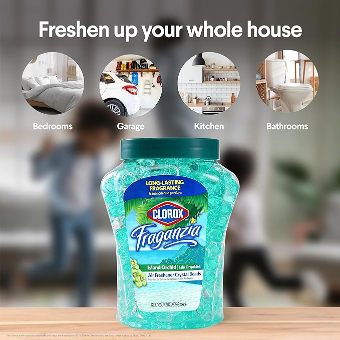 Clorox Fraganzia Crystal Beads Air Freshener Twin Pack, Long Lasting Room Deodorizer and Odor Eliminator Gel Beads for Home, Car, or Office, Island Orchid Scent, 24 Fl Oz