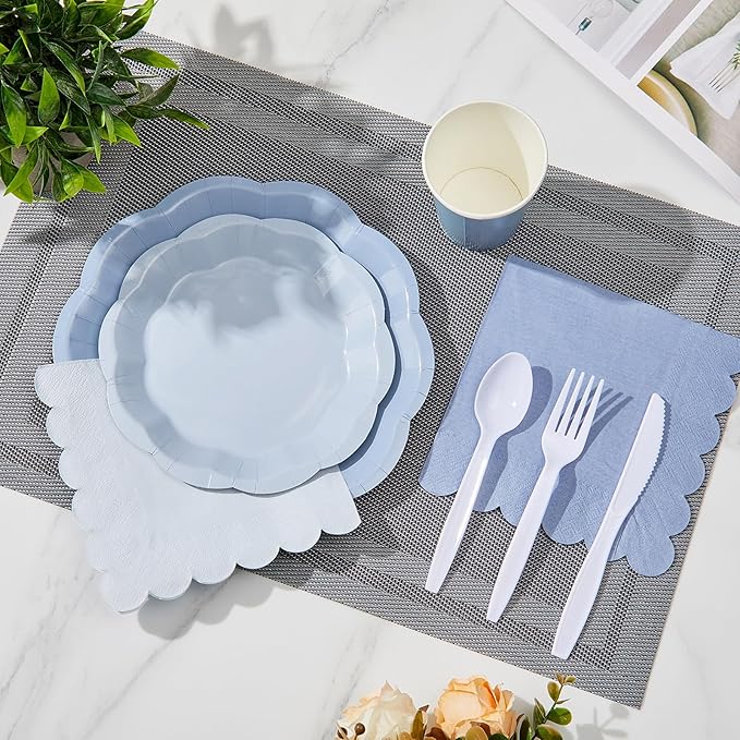 336 Pcs Dusty Blue Gradient Disposable Dinnerware Sets for 48 Guests, Blue Party Supplies Include Paper Plates, Cups, Napkins and Plastic Cutlery for Wedding, Birthday, Baby Shower Party