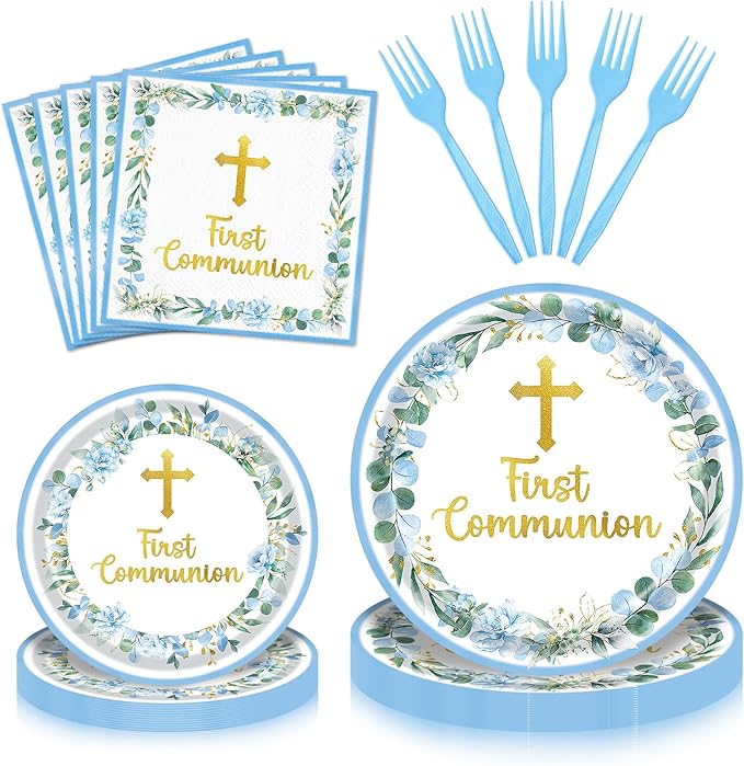 96 Pieces First Communion Floral Tableware Set – Blue Floral Cross Disposable Plates, Napkins for First Communion Party, Christening, Baptism, and Religious Celebrations – Serves 24 Guests