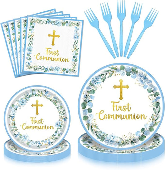 96 Pieces First Communion Floral Tableware Set – Blue Floral Cross Disposable Plates, Napkins for First Communion Party, Christening, Baptism, and Religious Celebrations – Serves 24 Guests