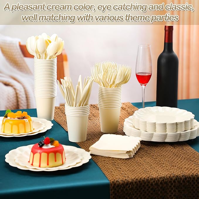 Newtay 350 Pcs Cream White Scalloped Paper Plates Shell Edge Disposable Tableware Cocktail Napkins Cups Plastic Spoons Forks Knives for Wedding Baby Shower Picnic Birthday Party Supply for 50 Guests