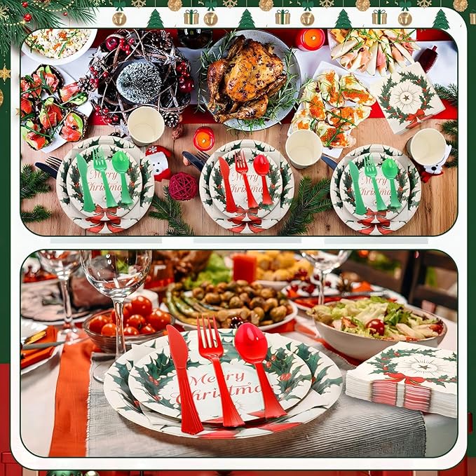 FillTouch 350 Pcs Merry Christmas Paper Plates and Napkins Set for 50 Guests Disposable Dinner Tableware Dinnerware Party Supplies Includes 100 Paper Plates 50 Cups Napkins Set Knives Forks Spoons