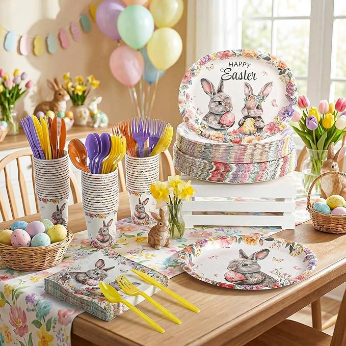 Havawish 350 Pcs Easter Bunny Party Supplies Happy Easter Disposable Tableware Set Flowers Butterflies Rabbit Eggs Oval Paper Plates Cups Napkins Fork Knife Spoon for Spring Party Table Decorations