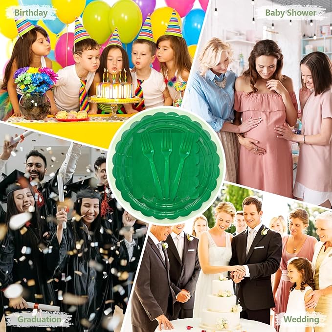 Mulbozy 100 Green Plates and Napkins Disposable Set Includes 25-9" & 25-7" Dessert Cake Scalloped Plates, Cocktail Napkins, Forks for for Holiday Party Supplies